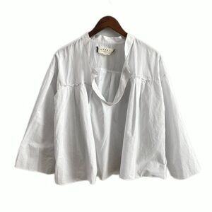 Marni | Womens White Pinstripe 100% Cotton Pleated Blouse Top Round Wide Neck 10